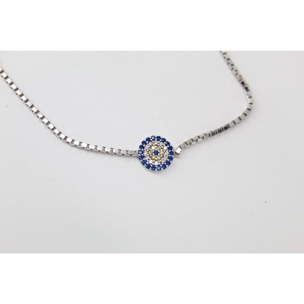 925 Sterling Silver Evil Eye Bolo Bracelet Blue CZ Adjustable Box Chain N-TR